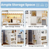 3ft Single Wooden Loft Bed with L-Shaped Desk - Kids Bed Frame with Storage Stairs, RGB LED Lights, Open Shelves and Built-In Storage Cabinet, Space-Saving Design, White