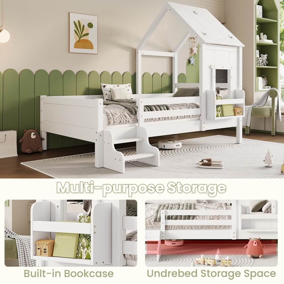 3ft Single Wooden House Bed - Star-Shaped Roof, Low-Level Stairs, Window and Built-In Bookcase, White