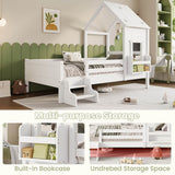 3ft Single Wooden House Bed - Star-Shaped Roof, Low-Level Stairs, Window and Built-In Bookcase, White