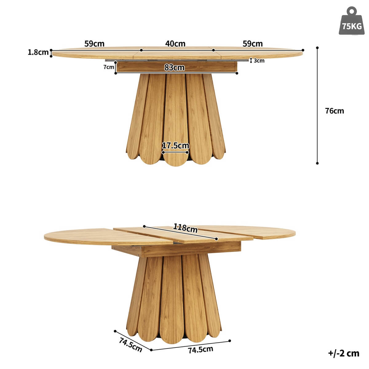 Extendable Dining Table – Round to Oval, Seats 6, 118–158cm, Natural Wood