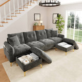 4 Seater U-Shaped Modular Sofa Bed with Storage Ottomans - Sleeper Sofa with 2 Storage Footstools and 2 Decorative Cushions, Grey