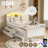 3ft Single Wooden Storage Bed with LED House Headboard, Drawer, USB & Type-C Charging, White