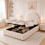 3ft Single Kids Storage Bed - Velvet Princess Bed with Shell-Shaped Padded Headboard & Hydraulic Lift-Up Storage, Pink