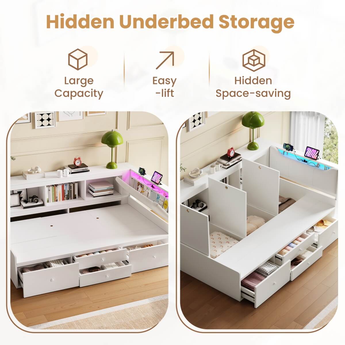 3ft Single Tatami Wooden Bed Frame - Reversible Design with Underbed Storage, LED Linen Headboard and Charging Station, White