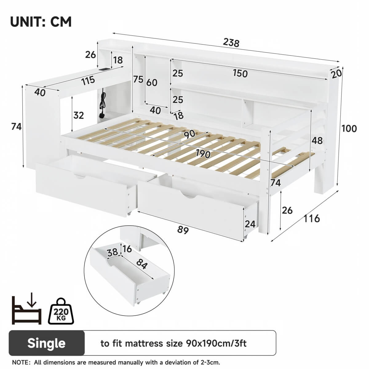 3ft Single Bed Frame with Storage Drawers & Bookcase Headboard - Modern Wooden Bed with Charging Station & Integrated Desk, White