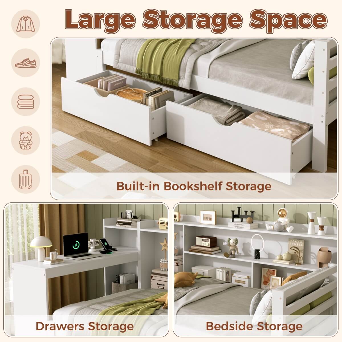 3ft Single Bed Frame with Storage Drawers & Bookcase Headboard - Modern Wooden Bed with Charging Station & Integrated Desk, White