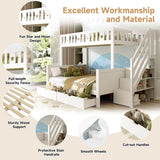 Wooden Bunk Bed with Storage Drawers and Stairs - Kids Loft Bed Frame with Guardrails, White