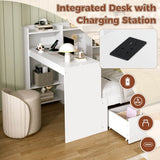 3ft Single Bed Frame with Storage Drawers & Bookcase Headboard - Modern Wooden Bed with Charging Station & Integrated Desk, White