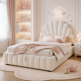 3ft Single Kids Storage Bed - Velvet Princess Bed with Shell-Shaped Padded Headboard & Hydraulic Lift-Up Storage, Beige