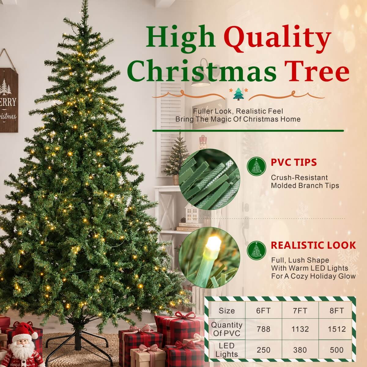 Realistic Full Green Artificial Christmas Tree - PVC Xmas Tree with Pre-Lit Warm White LED Lights, Easy Setup & Indoor Festive Decoration, 6ft/7ft/8ft