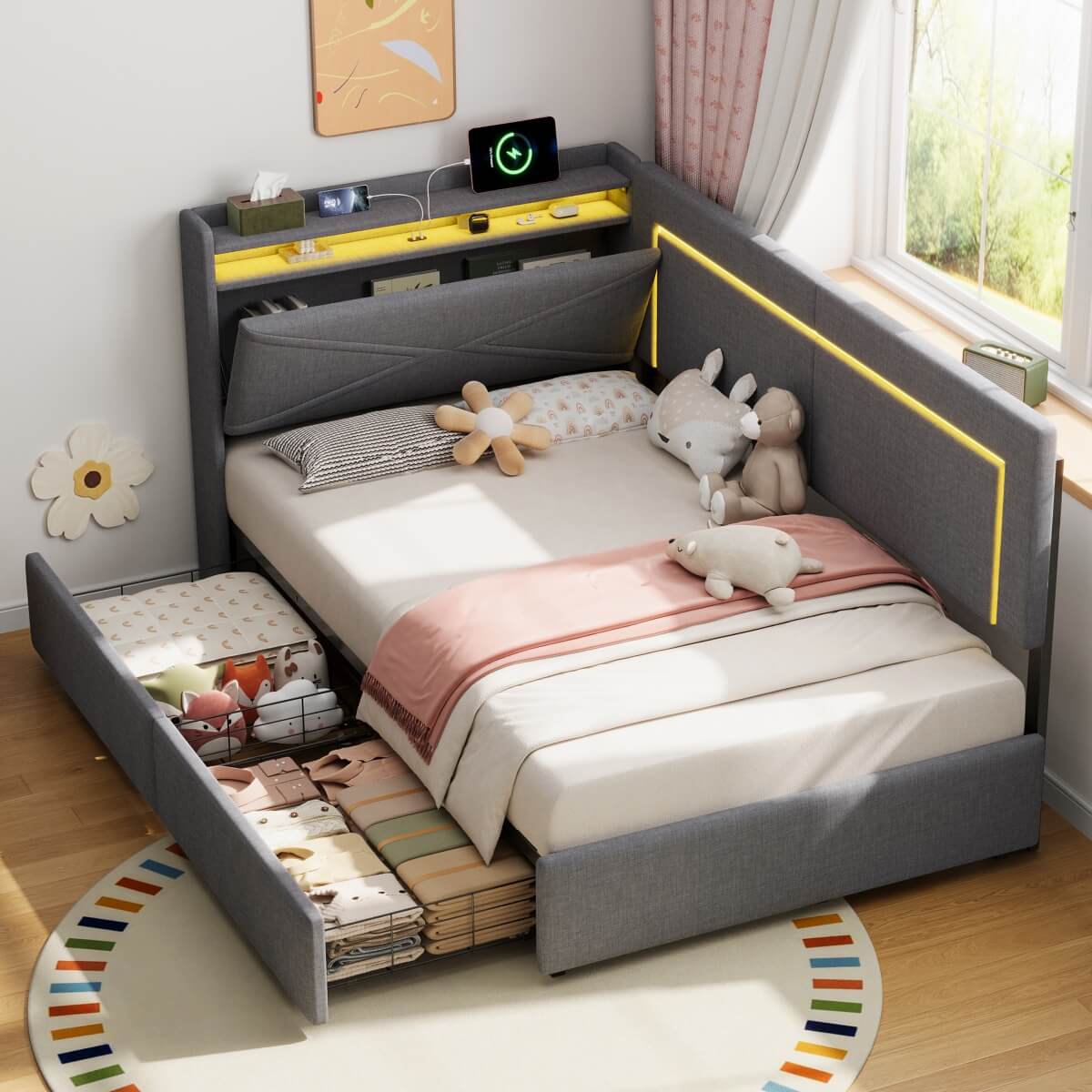 3ft Single Daybed with 2 Storage Drawers - Linen Sofa Bed with LED Headboard Storage & Charging Station, Grey
