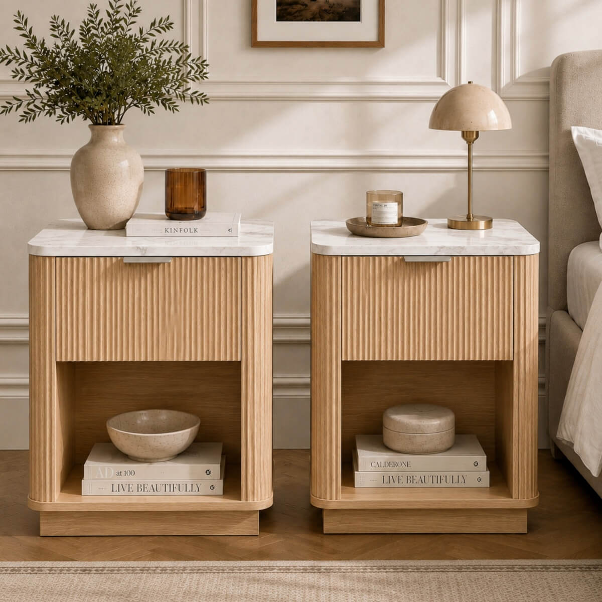 Set of 2 Modern Fluted Bedside Tables - Oak Effect with Marble Effect Tops, Drawer and Open Shelf
