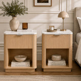 Set of 2 Modern Fluted Bedside Tables - Oak Effect with Marble Effect Tops, Drawer and Open Shelf