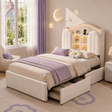 3ft Single Kids Upholstered Bed - House-Inspired LED Storage Headboard, Charging Station and 2 Reversible Drawers, Cream White