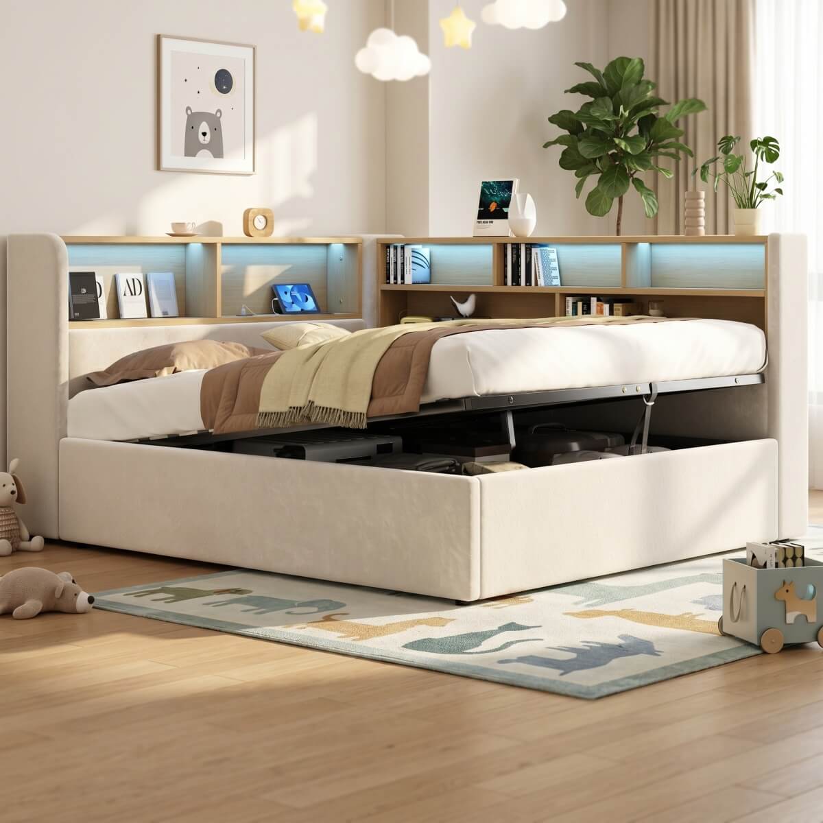 4ft6 Double Velvet Upholstered Daybed with Hydraulic Storage - L-Shaped Sofa Bed with LED Lights and USB Charging, Beige