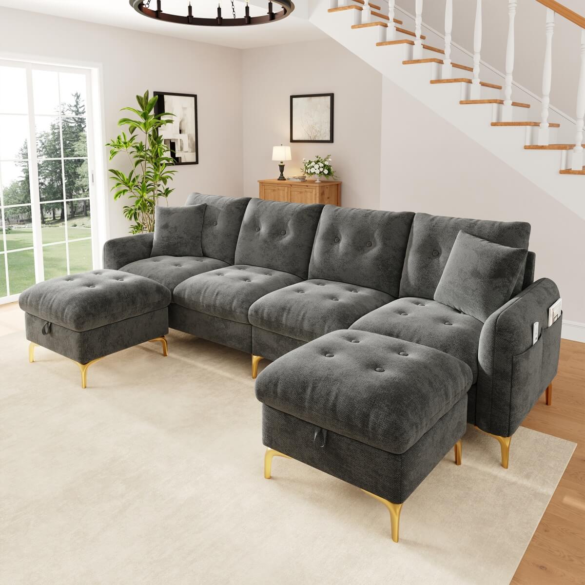 4 Seater U-Shaped Modular Sofa Bed with Storage Ottomans - Sleeper Sofa with 2 Storage Footstools and 2 Decorative Cushions, Grey