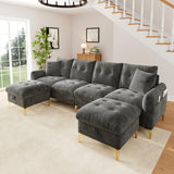 4 Seater U-Shaped Modular Sofa Bed with Storage Ottomans - Sleeper Sofa with 2 Storage Footstools and 2 Decorative Cushions, Grey