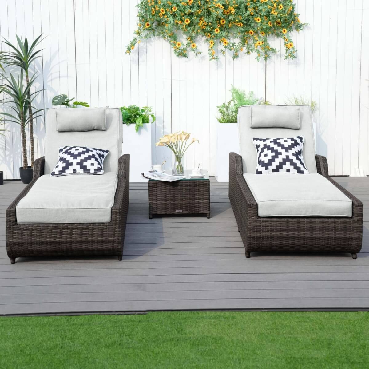 3 Piece Outdoor Rattan Sun Lounger Set with Side Table - Garden Sun Loungers