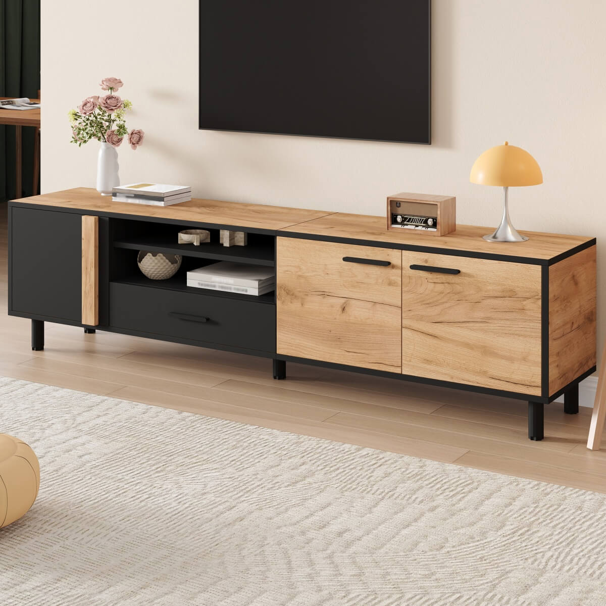 180cm Modern TV Stand for Up to 75 Inch TVs - Oak & Black Media Console with Drawers & Cabinets, Industrial TV Unit