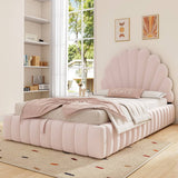 3ft Single Kids Storage Bed - Velvet Princess Bed with Shell-Shaped Padded Headboard & Hydraulic Lift-Up Storage, Pink
