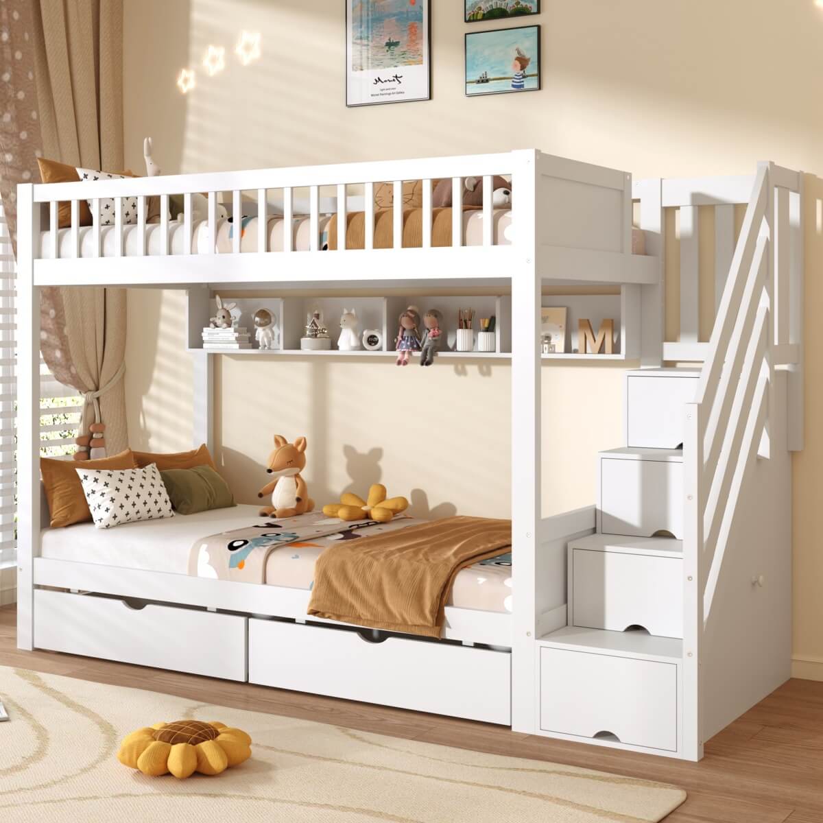 3ft Single Loft Bed with Storage - Solid Wood Cabin Bed with Stairs, Drawers & Shelves, White