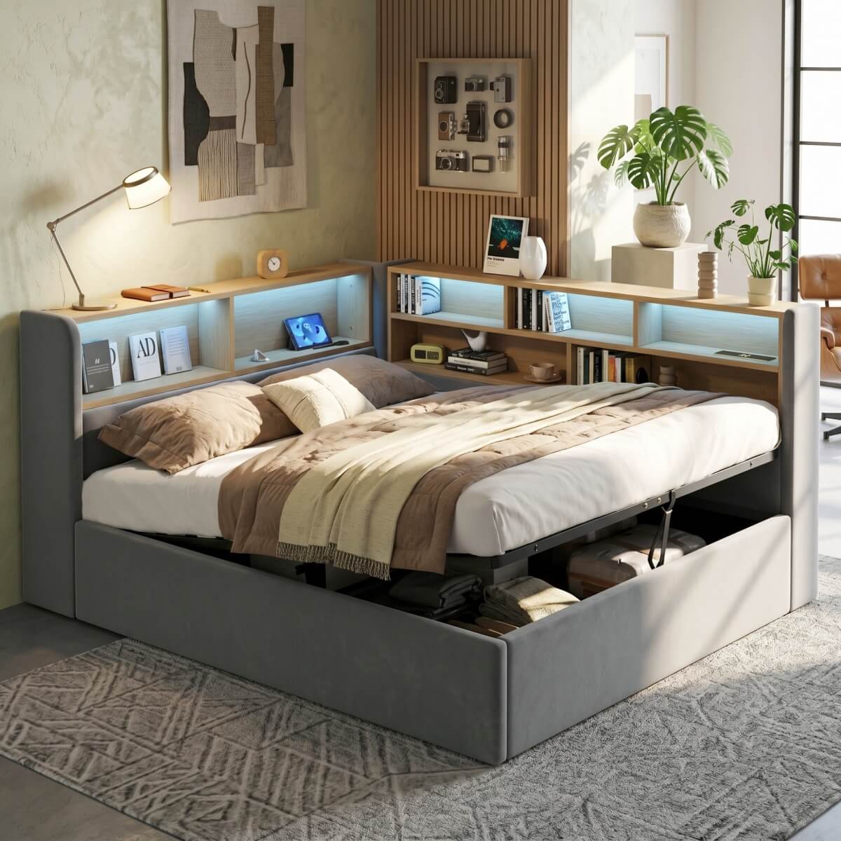 4ft6 Double Velvet Upholstered Daybed with Hydraulic Storage - L-Shaped Sofa Bed with LED Lights and USB Charging, Grey