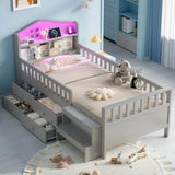 3ft Single Wooden Storage Bed with LED Headboard, Drawers & USB Charging, Grey