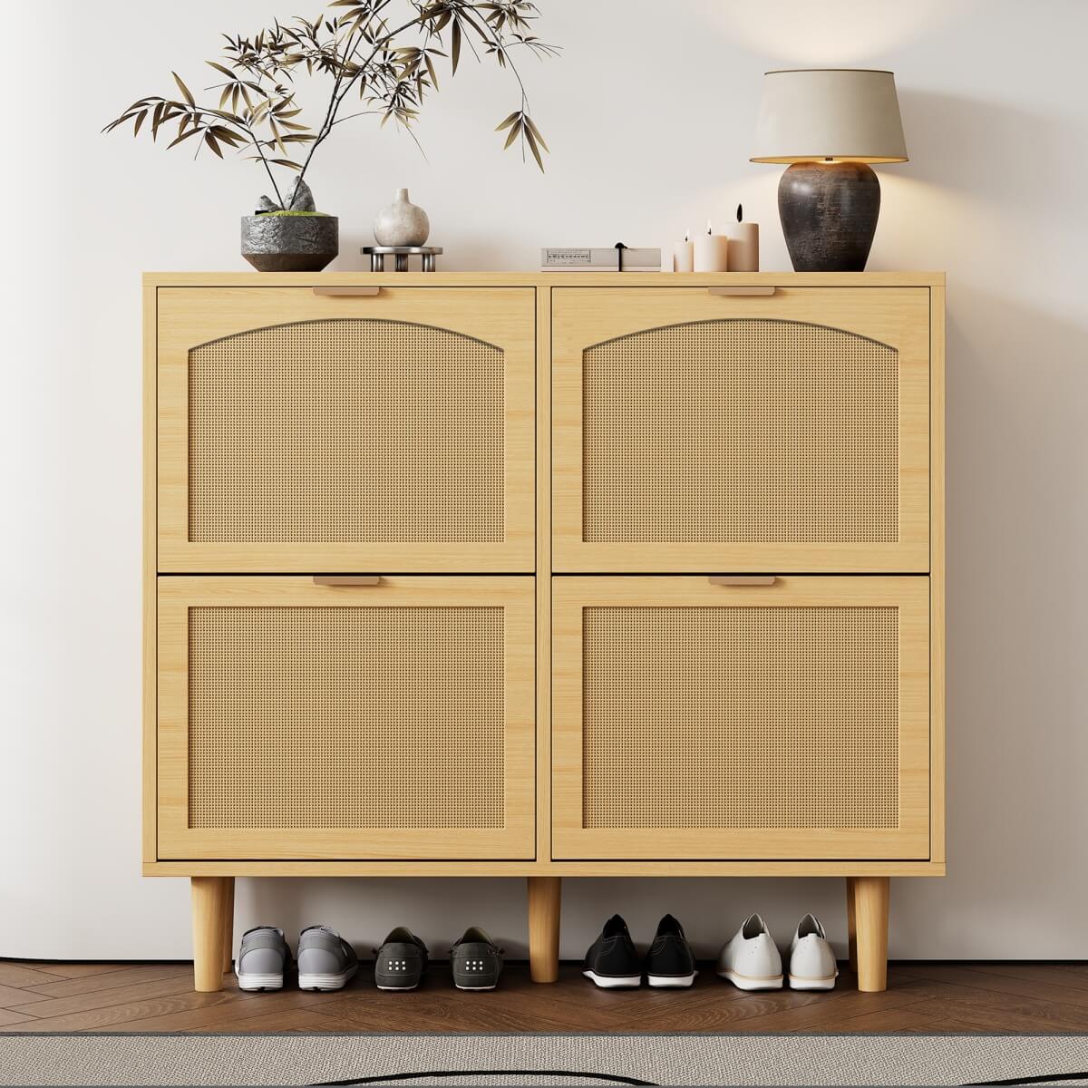 Slim Rattan Shoe Cabinet with 4 Drawers - Space Saving Hallway Storage Unit, Light Oak