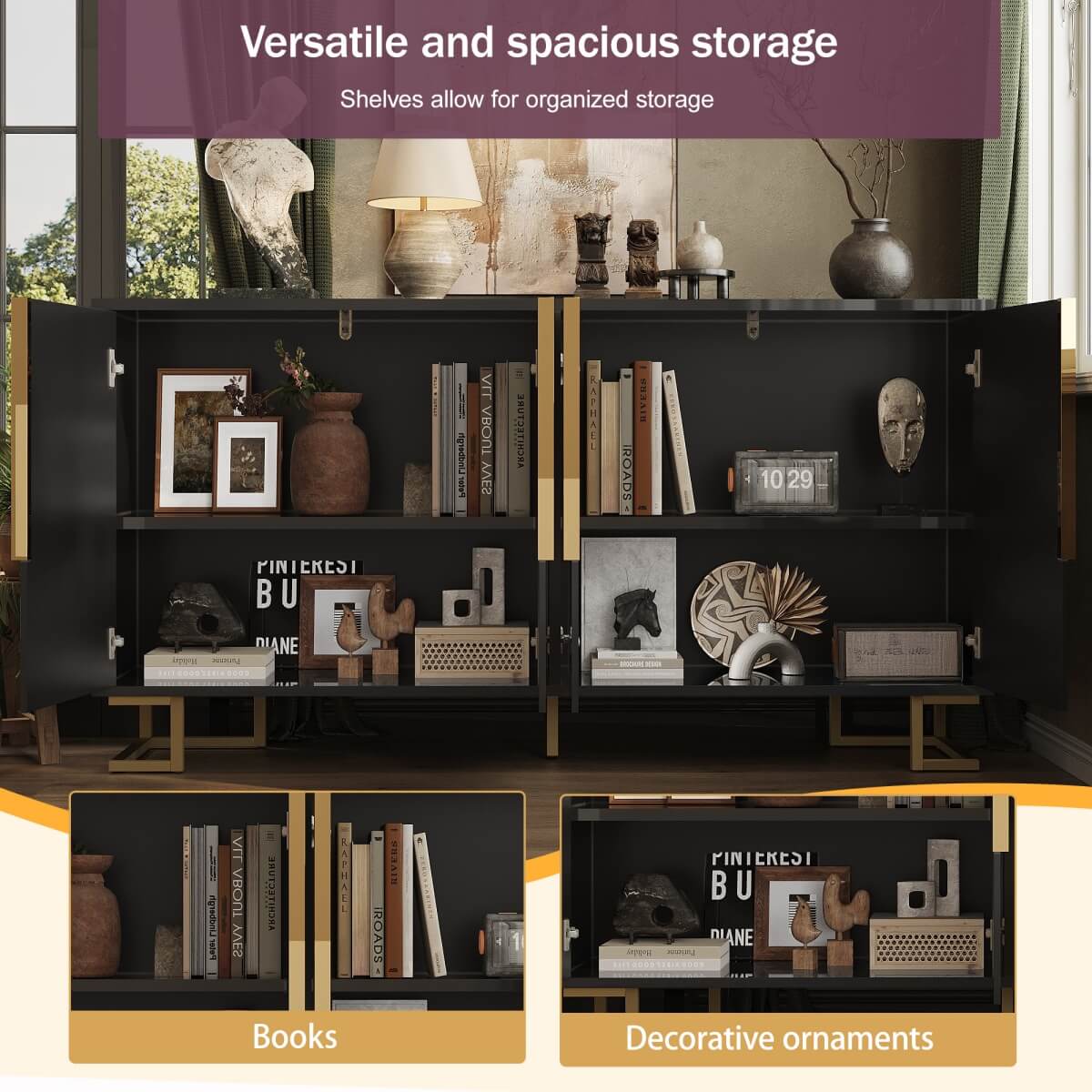 Black Sideboard with Geometric Design - Modern Storage Cabinet with Gold Handles and Gold Legs