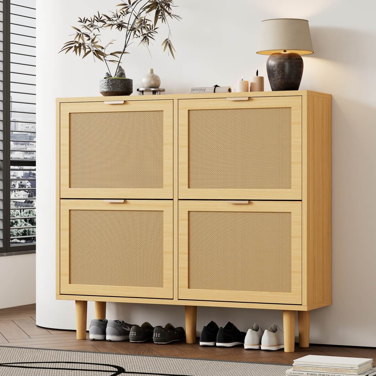 Rattan Shoe Storage Cabinet with 4 Flip Drawers - Wooden Hallway Shoe Organiser, Light Oak