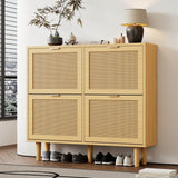 Rattan Shoe Storage Cabinet with 4 Flip Drawers - Wooden Hallway Shoe Organiser, Light Oak