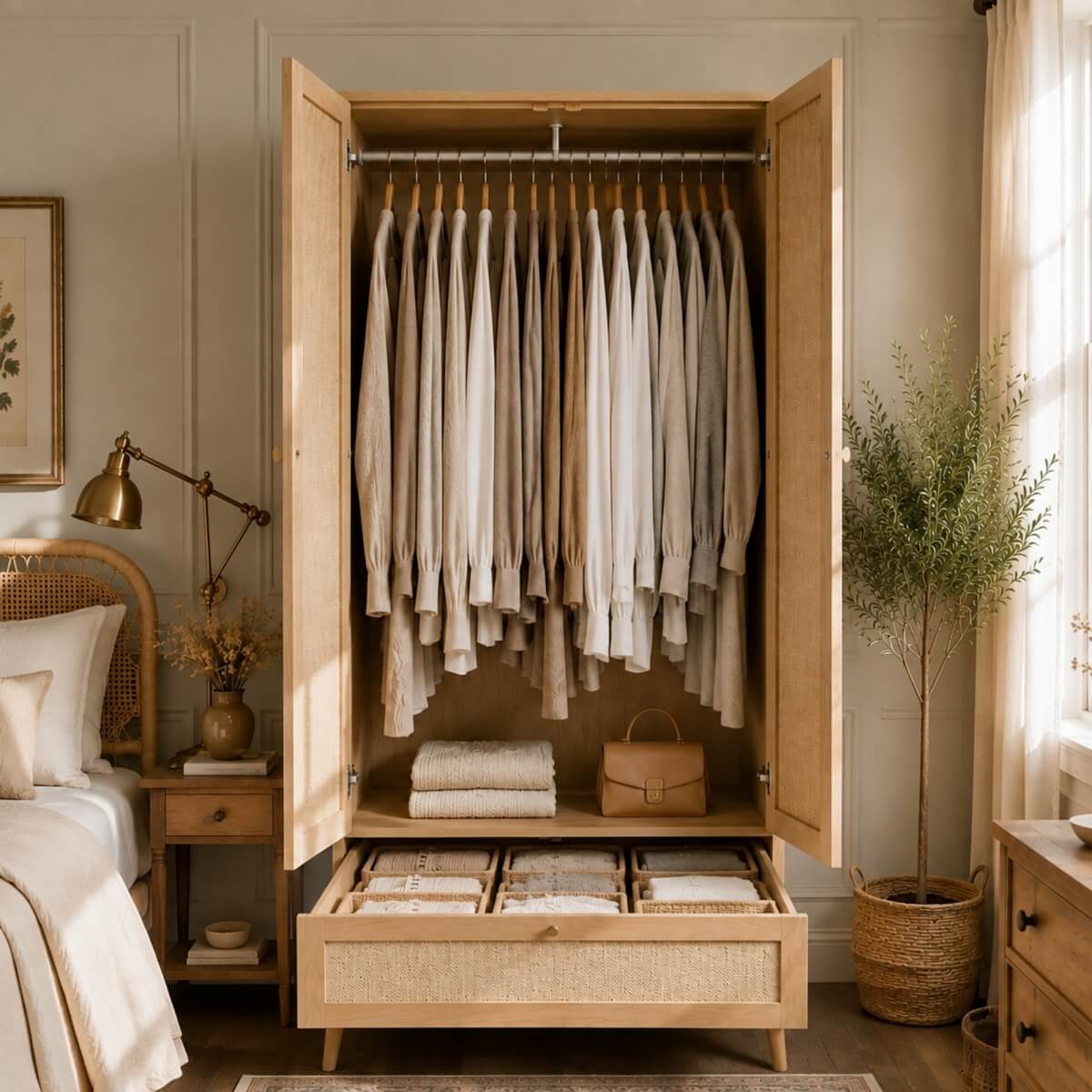 2 Door Rattan Effect Wardrobe with Drawer - Bedroom Storage Cabinet with Hanging Rail and Raised Legs, Natural Oak