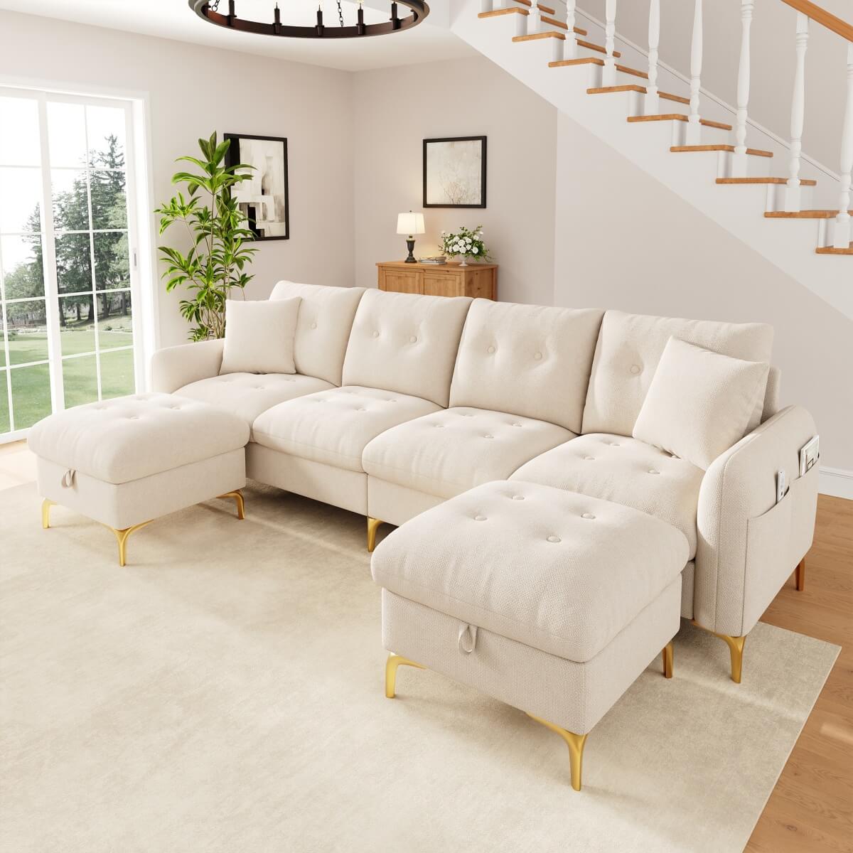 4 Seater U-Shaped Modular Sofa Bed with Storage Ottomans - Sleeper Sofa with 2 Storage Footstools and 2 Decorative Cushions, Beige