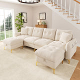 4 Seater U-Shaped Modular Sofa Bed with Storage Ottomans - Sleeper Sofa with 2 Storage Footstools and 2 Decorative Cushions, Beige