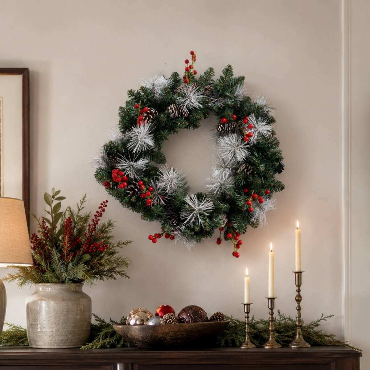PVC & PE Christmas Garland with Red Berries & Pine Cones - Realistic Evergreen Foliage