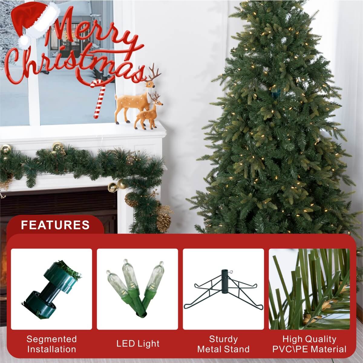 Pre-Lit Artificial Christmas Tree - Realistic Full Green Xmas Tree with LED Lights for Indoor Home Decoration