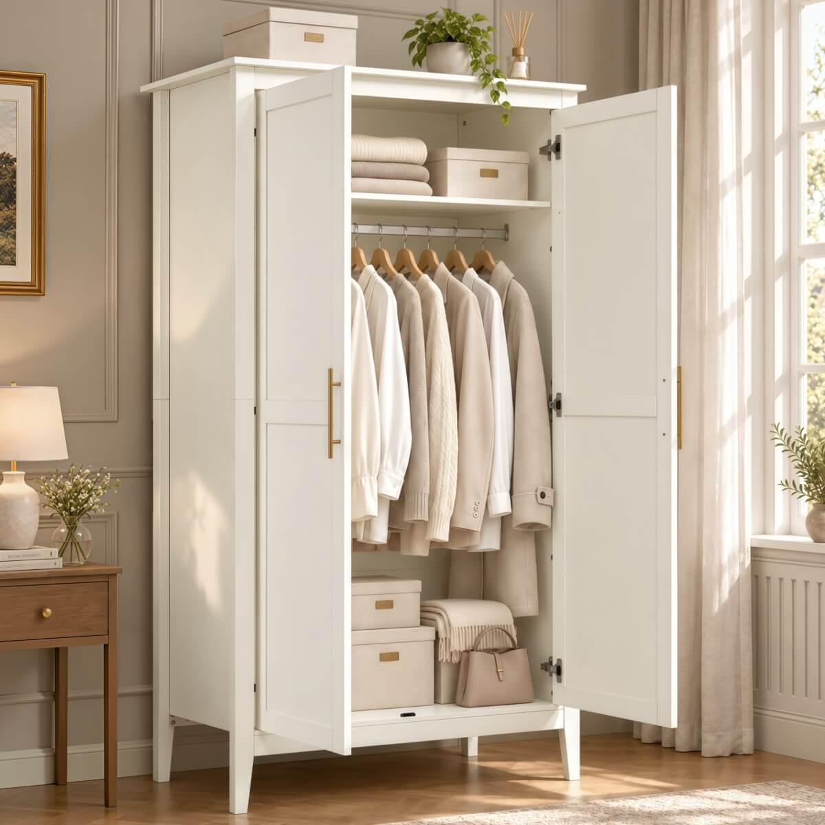 2-Door Freestanding Wardrobe - Hanging Rail, Storage Shelf, Gold Handles and Raised Legs, Cream White