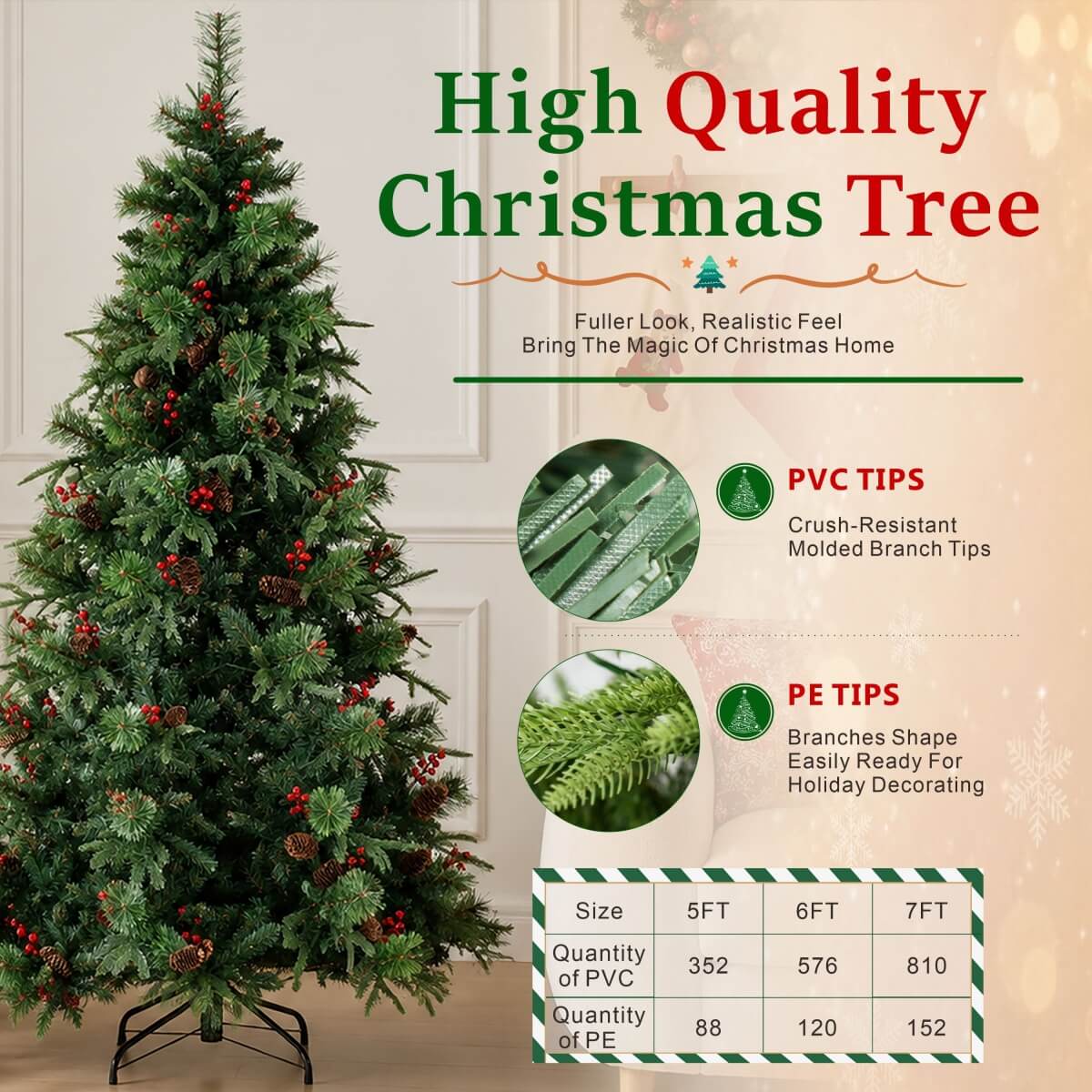 Realistic Full Green Artificial Christmas Tree with Pine Cones & Red Berries - Easy-Setup PVC Xmas Tree, 5ft/6ft/7ft