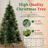 Realistic Full Green Artificial Christmas Tree with Pine Cones & Red Berries - Easy-Setup PVC Xmas Tree, 5ft/6ft/7ft