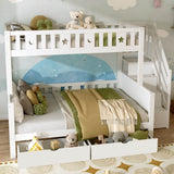 Wooden Bunk Bed with Storage Drawers and Stairs - Kids Loft Bed Frame with Guardrails, White