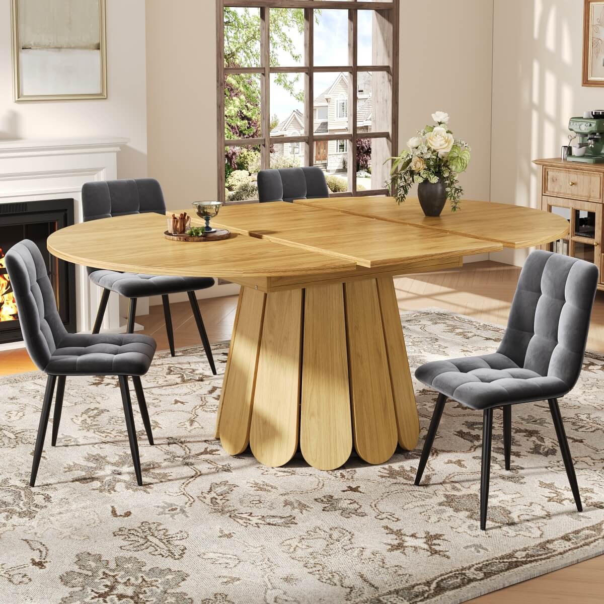 Extendable Dining Table – Round to Oval, Seats 6, 118–158cm, Natural Wood