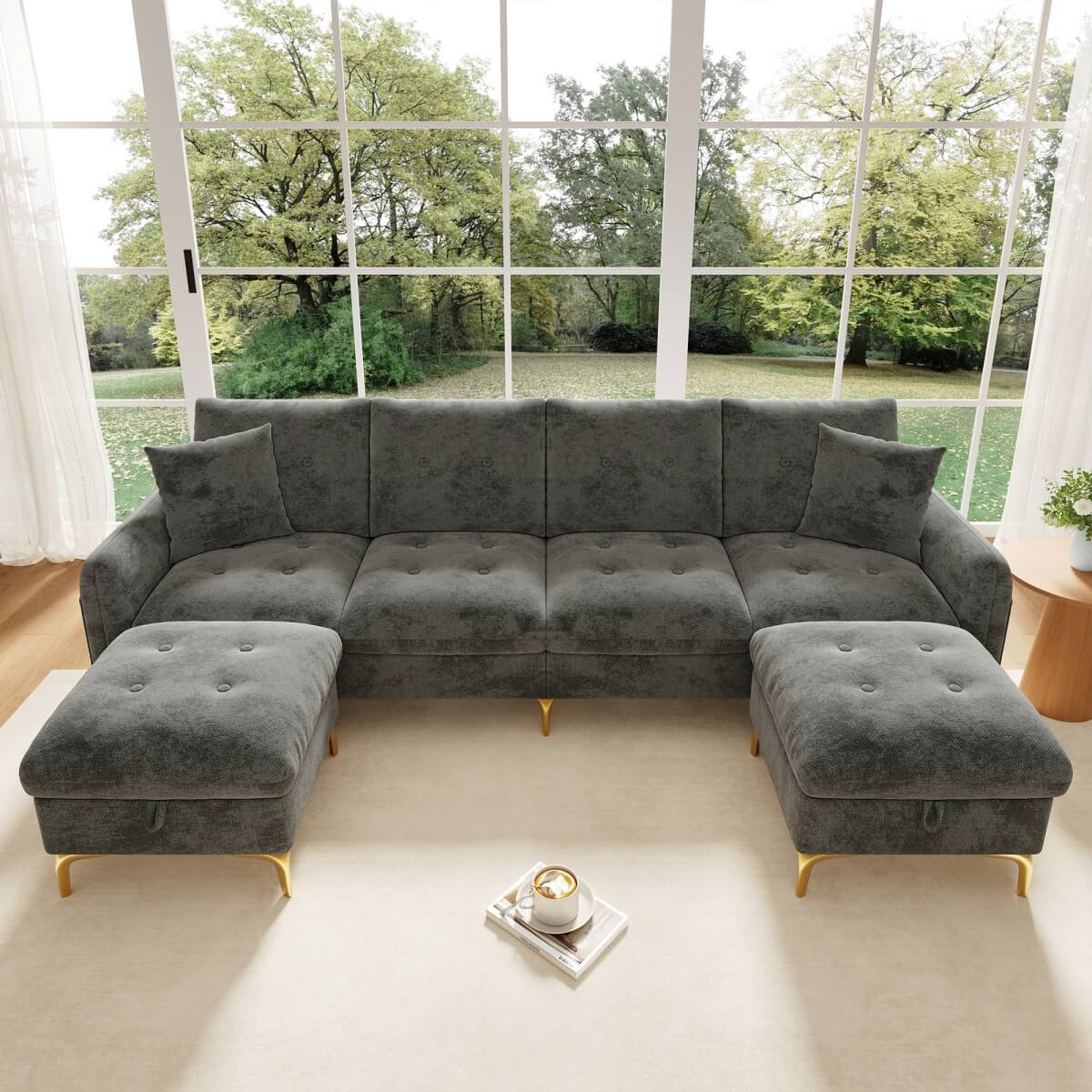 4 Seater U-Shaped Modular Sofa Bed with Storage Ottomans - Sleeper Sofa with 2 Storage Footstools and 2 Decorative Cushions, Grey