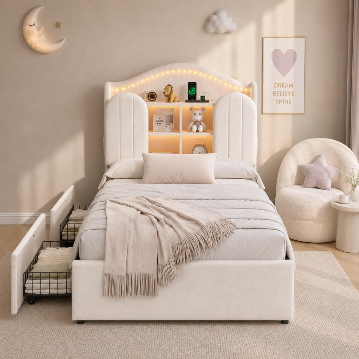 3ft Single Kids Upholstered Bed - House-Inspired LED Storage Headboard, Charging Station and 2 Reversible Drawers, Cream White