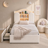 3ft Single Kids Upholstered Bed - House-Inspired LED Storage Headboard, Charging Station and 2 Reversible Drawers, Cream White