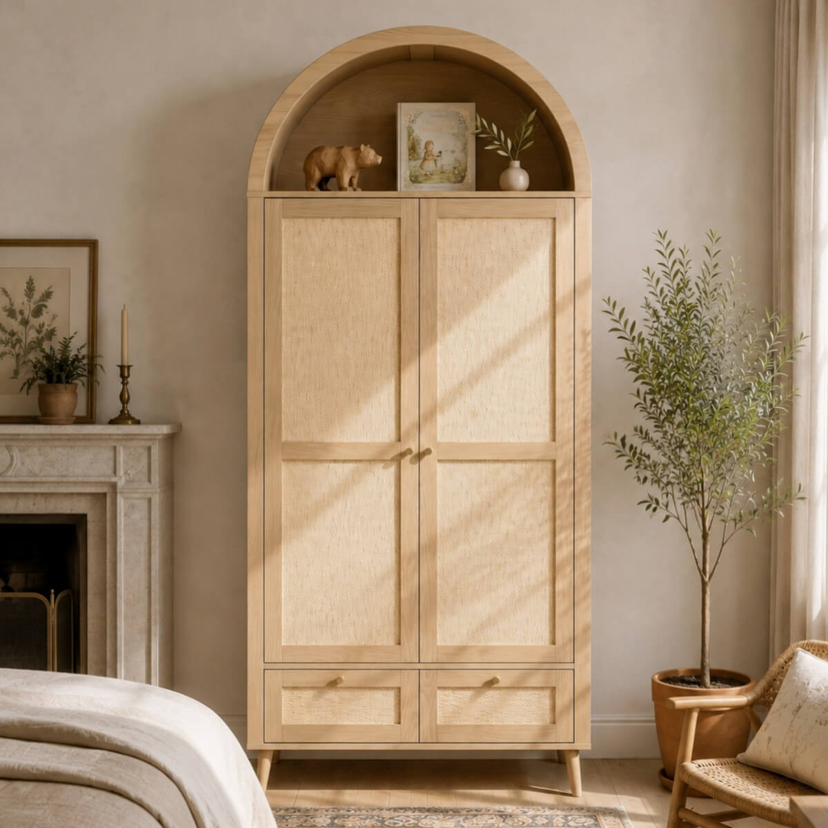 180cm Rattan Effect 2 Door Wardrobe with Arched Top - Natural Oak Storage Wardrobe with Hanging Rail, Display Shelf and 2 Drawers