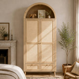 180cm Rattan Effect 2 Door Wardrobe with Arched Top - Natural Oak Storage Wardrobe with Hanging Rail, Display Shelf and 2 Drawers