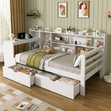 3ft Single Bed Frame with Storage Drawers & Bookcase Headboard - Modern Wooden Bed with Charging Station & Integrated Desk, White