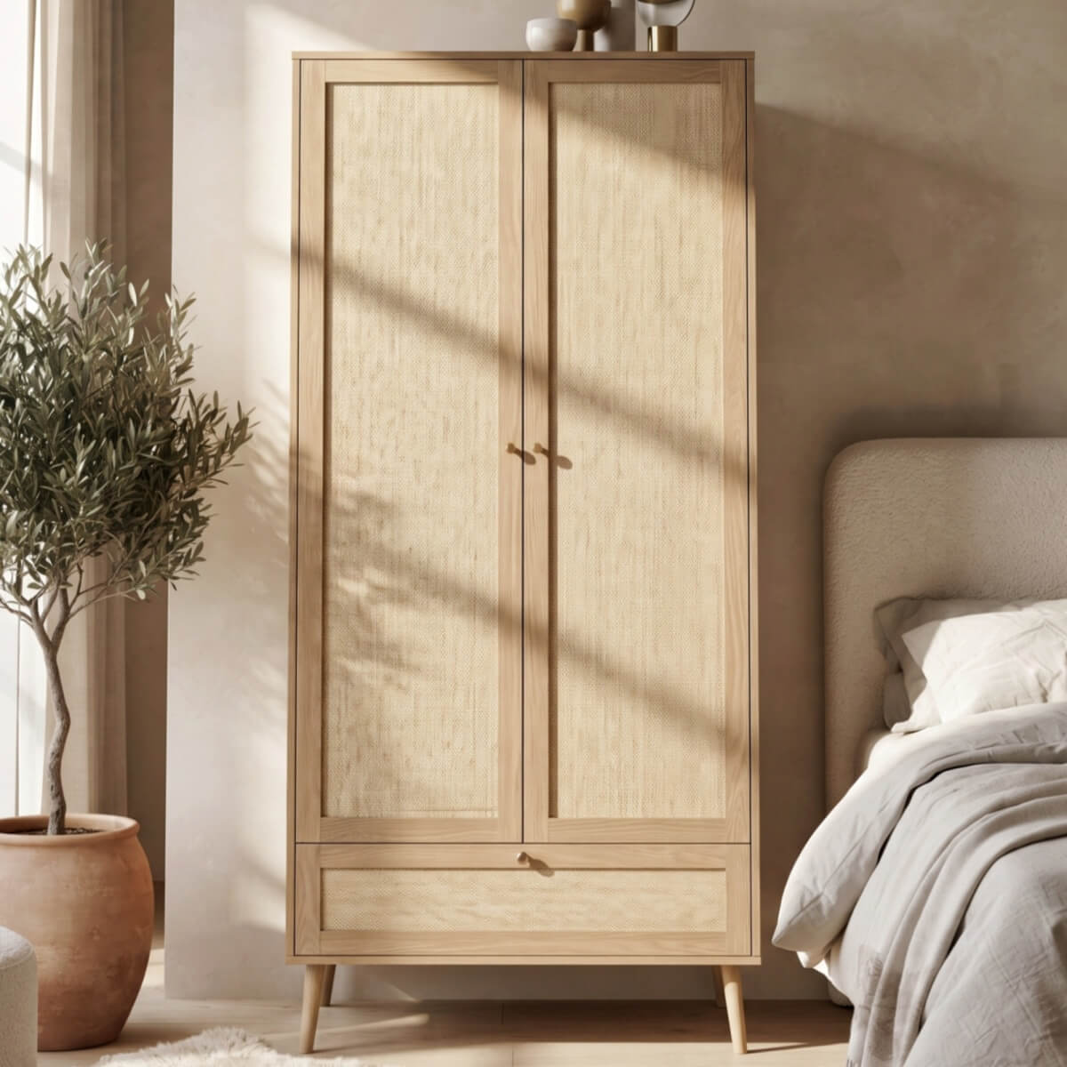 2 Door Rattan Effect Wardrobe with Drawer - Bedroom Storage Cabinet with Hanging Rail and Raised Legs, Natural Oak