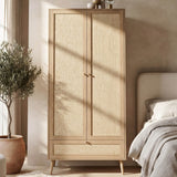 2 Door Rattan Effect Wardrobe with Drawer - Bedroom Storage Cabinet with Hanging Rail and Raised Legs, Natural Oak