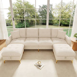 4 Seater U-Shaped Modular Sofa Bed with Storage Ottomans - Sleeper Sofa with 2 Storage Footstools and 2 Decorative Cushions, Beige